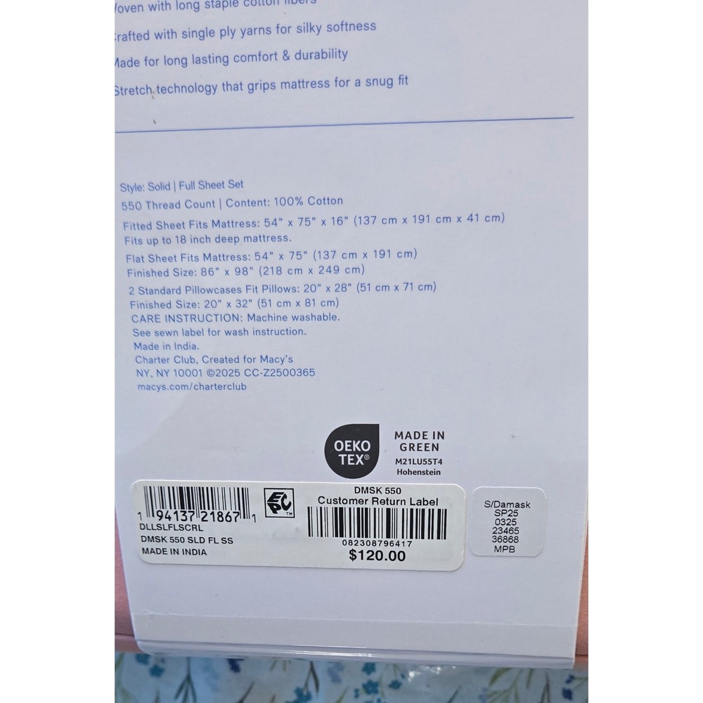 Charter Club Damask Full Sheet Set 550 Thread Count 100% Cotton Rose Pink New - Picture 5 of 6